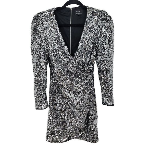 Bardot Womens Sequin Sparkle Dress Sz S Wrap Bodycon Mini Silver Sexy Cocktail - Picture 4 of 12
